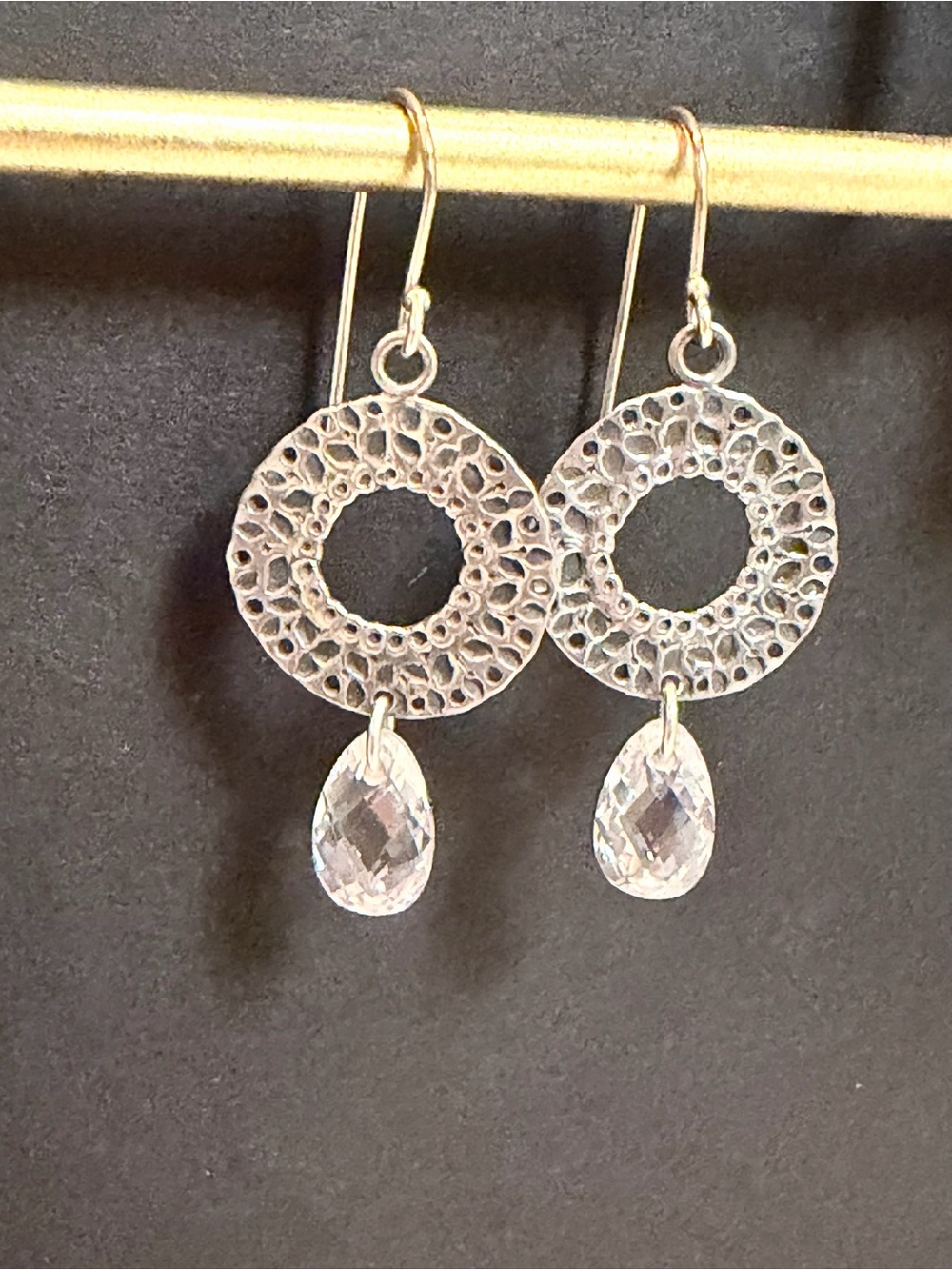 Silpada Silver Textured Circle Earrings with Clear Teardrop